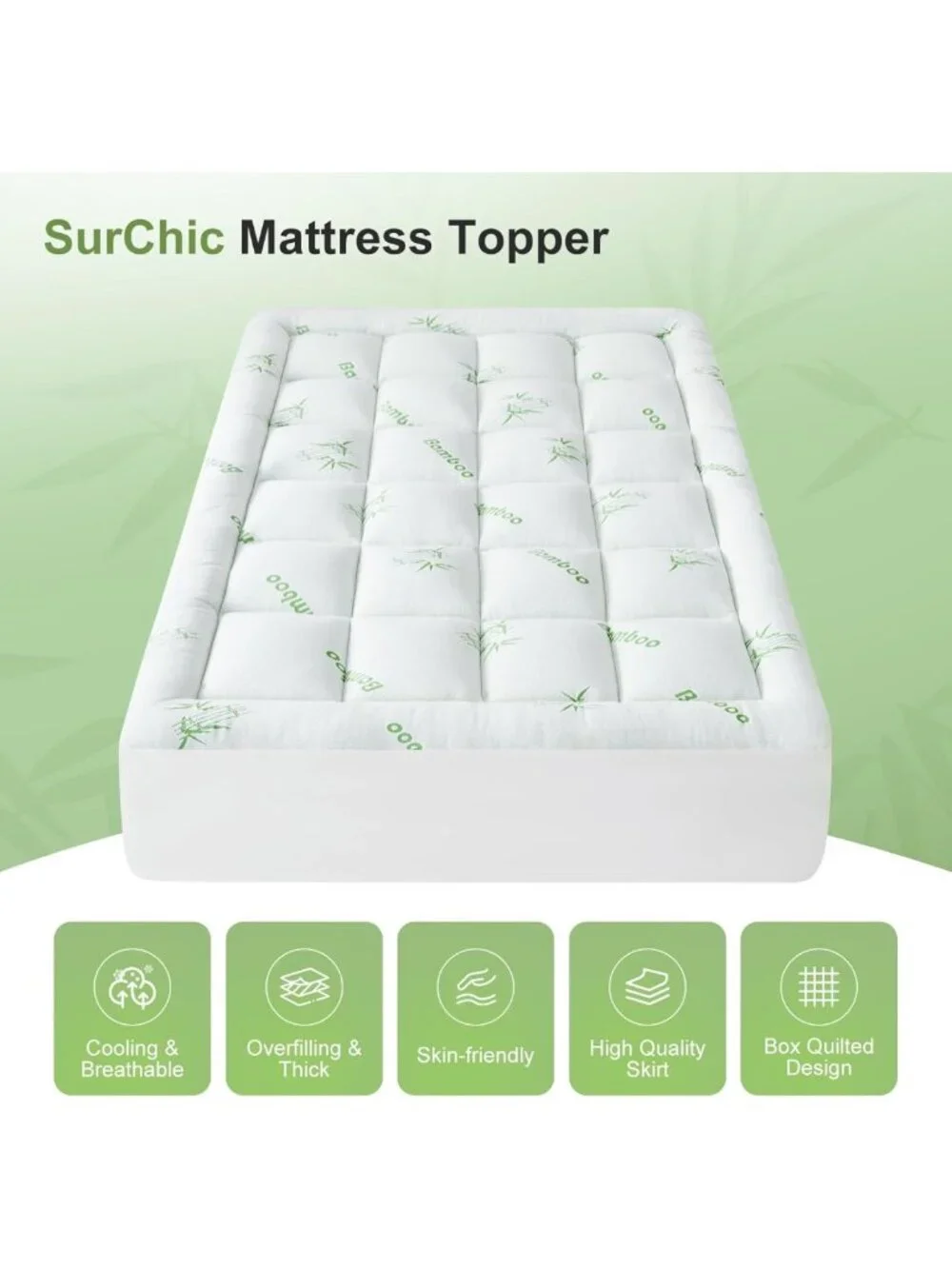 Queen Mattress Topper - Soft Bamboo Pillow Top, Cooling Protector, Deep Pocket